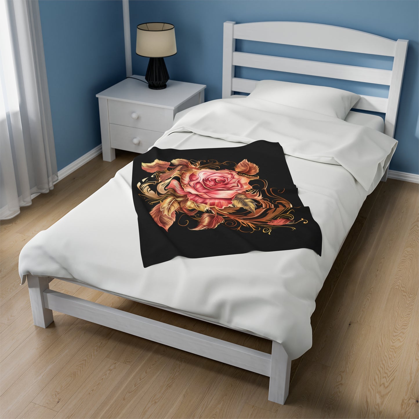 Black Velveteen Plush Blanket with beautiful pink rose surrounded by swirling leaves