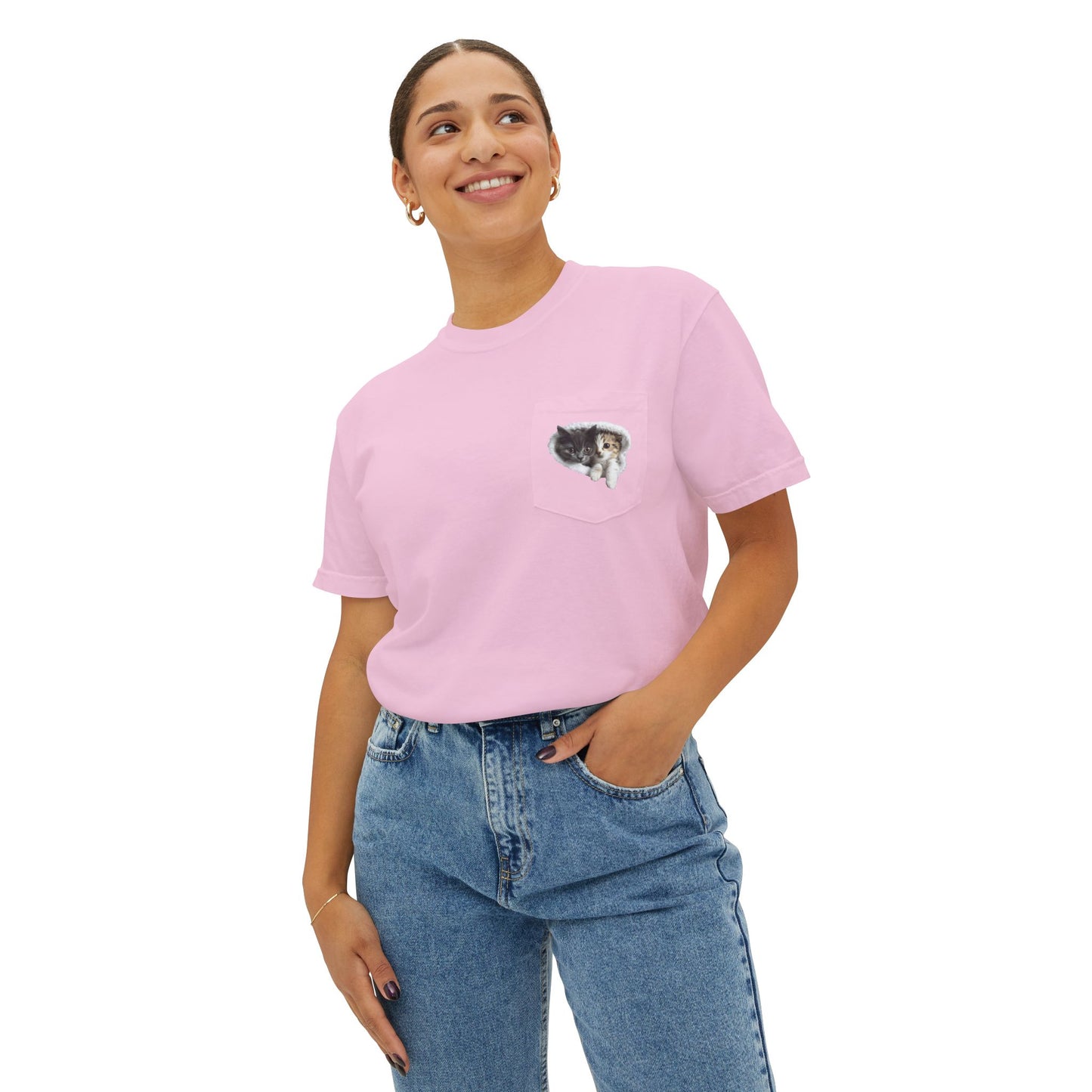 Garment-Dyed Pocket T-Shirt with Adorable Cat Design, Casual Wear, Gift for Cat Lovers, Summer Fashion, Everyday Essentials