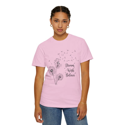 Inspirational Dandelion T-Shirt - Dream, Wish, Believe - Gift Tee