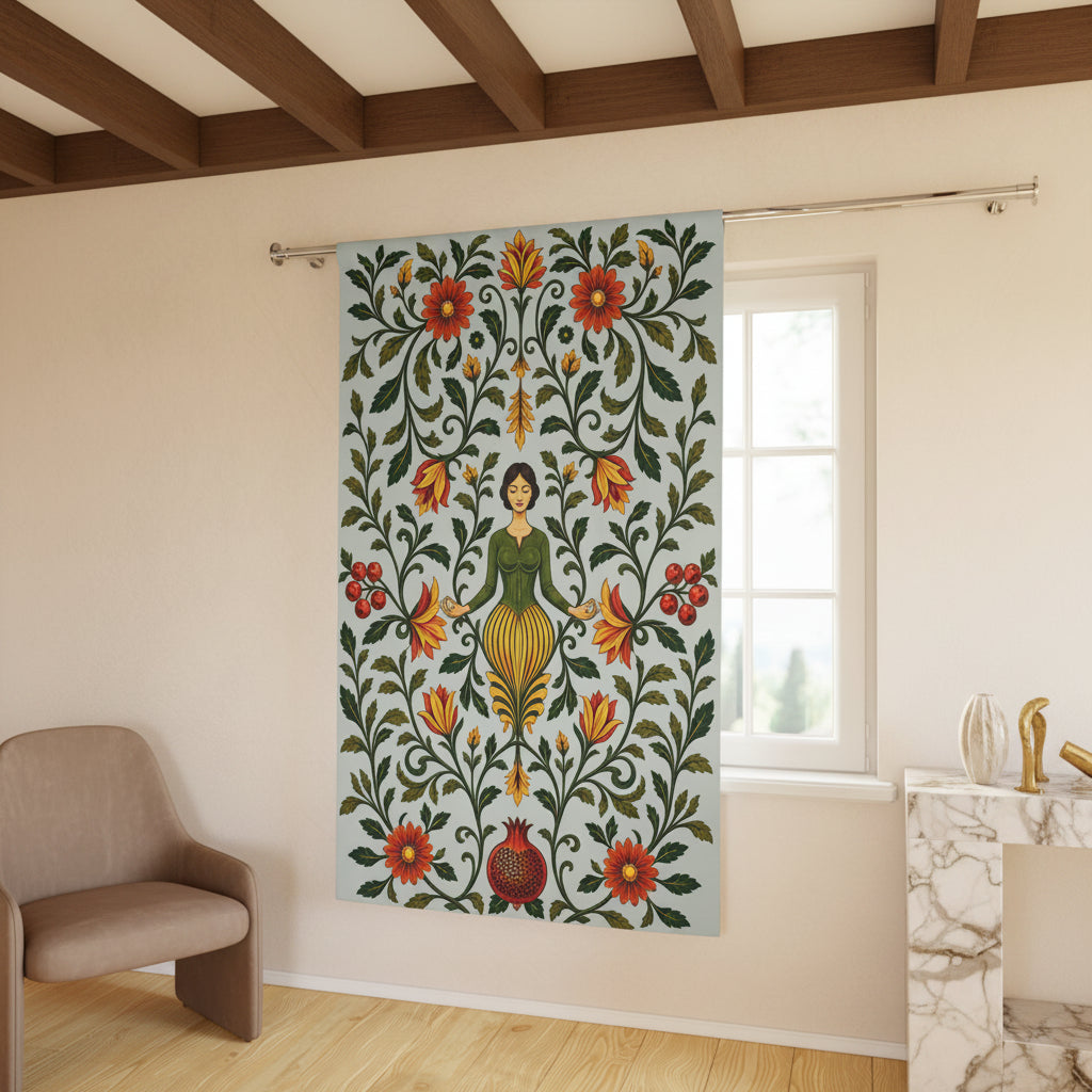 A tall window curtain panel hanging in a bright room, featuring a folk-art style design of a woman surrounded by green vines and red, orange, and yellow flowers on a pale blue background.