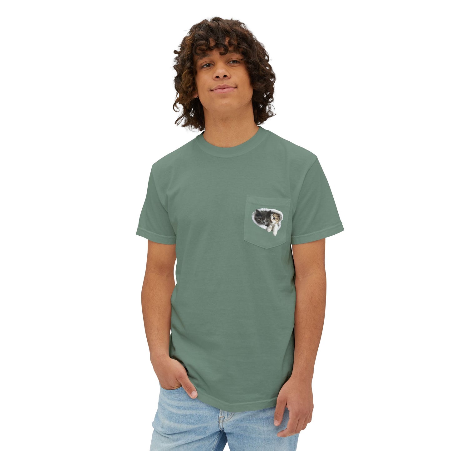 Garment-Dyed Pocket T-Shirt with Adorable Cat Design, Casual Wear, Gift for Cat Lovers, Summer Fashion, Everyday Essentials