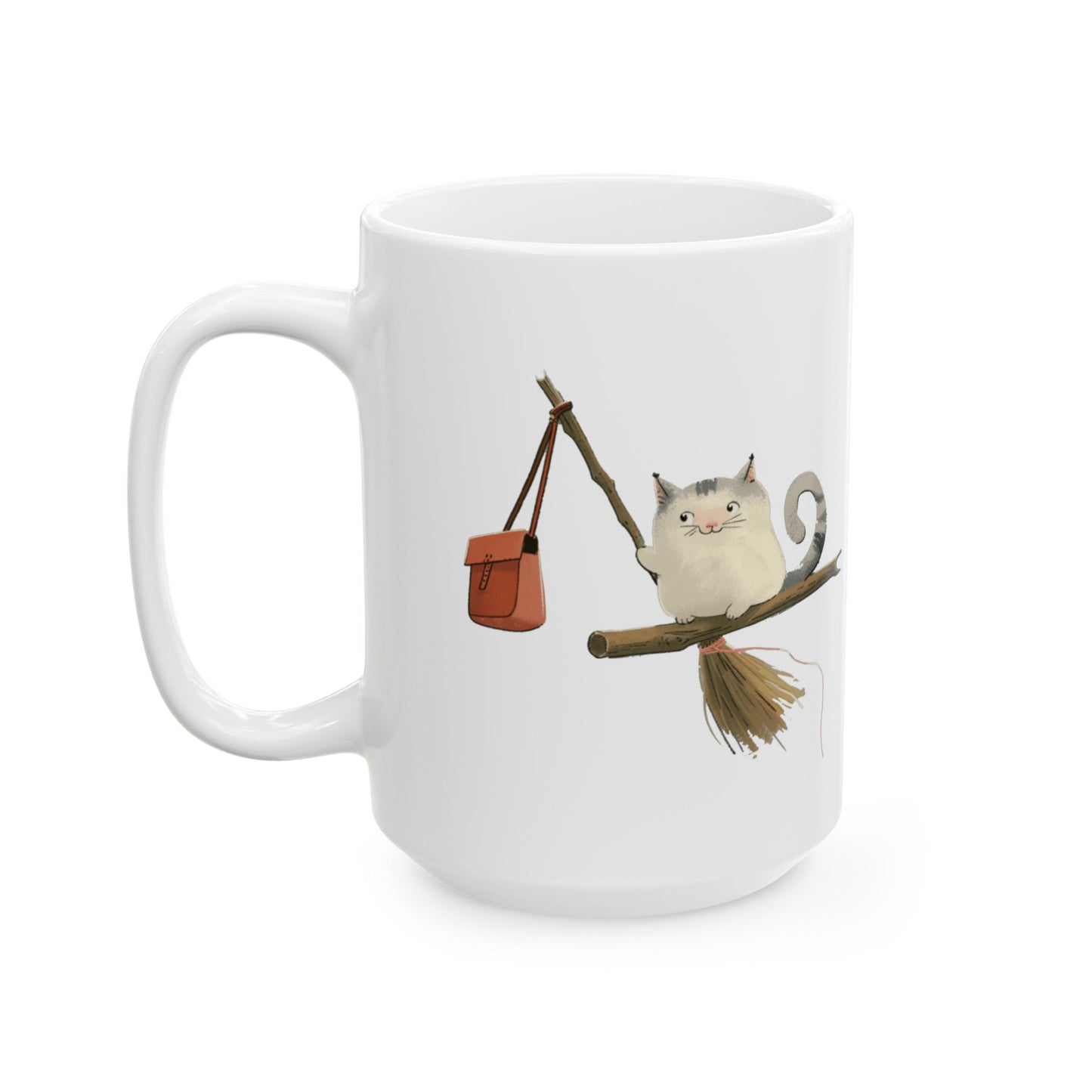 Ceramic Mug - Cute cartoon of a Cat on a witch stick, (11oz, 15oz)