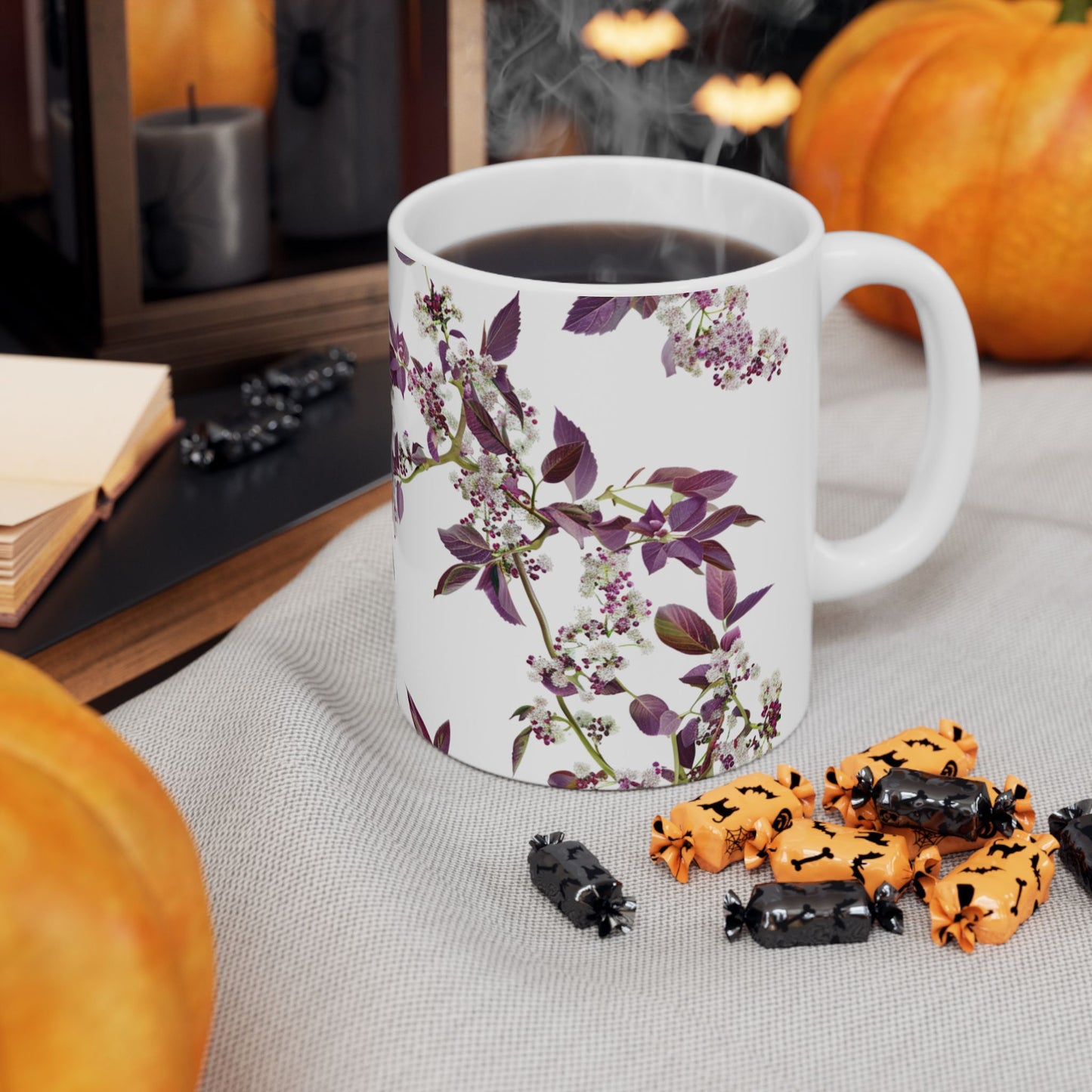 Ceramic Mug with purple small and dense flowers, (11oz, 15oz)