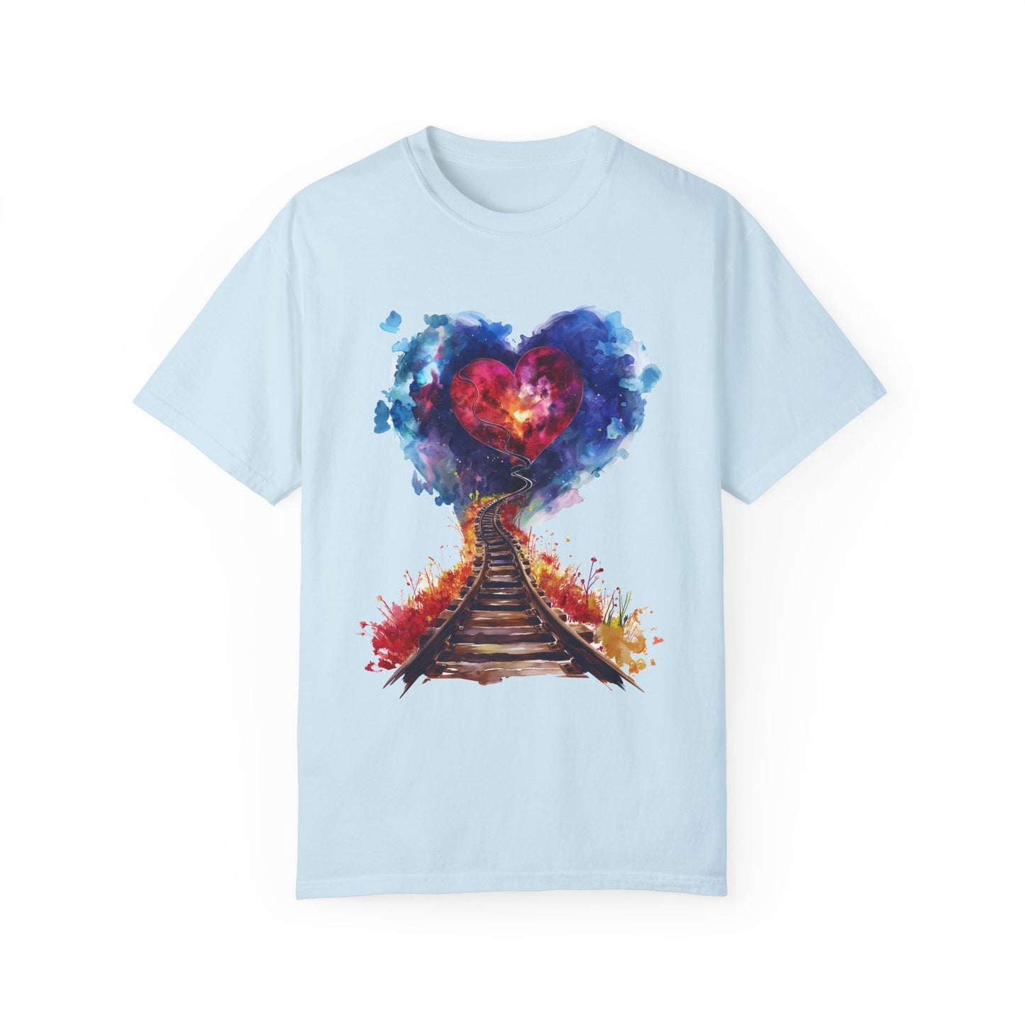 Unisex Garment-Dyed T-shirt - Journey of Heart - Train Tracks Coming out from Heart