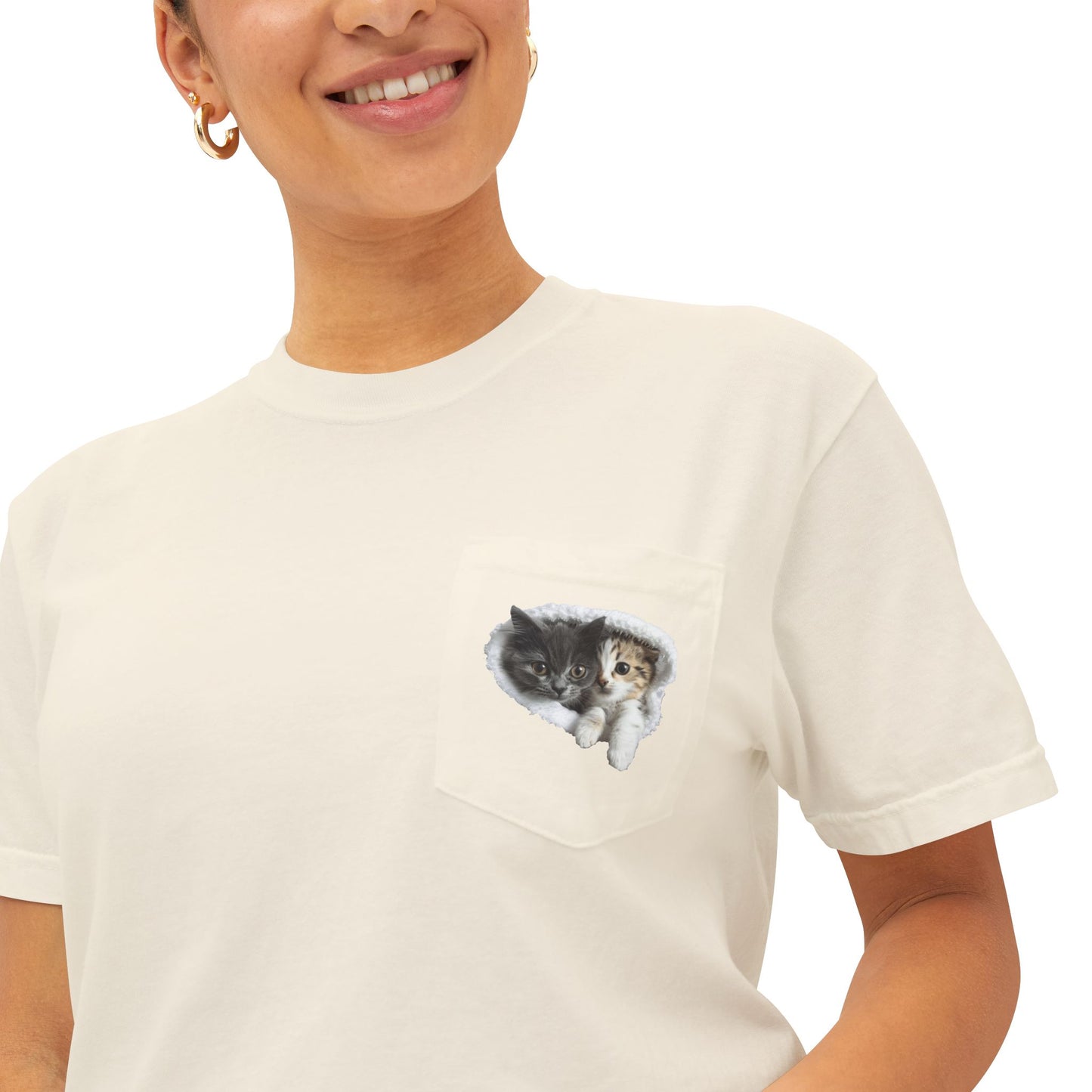 Garment-Dyed Pocket T-Shirt with Adorable Cat Design, Casual Wear, Gift for Cat Lovers, Summer Fashion, Everyday Essentials