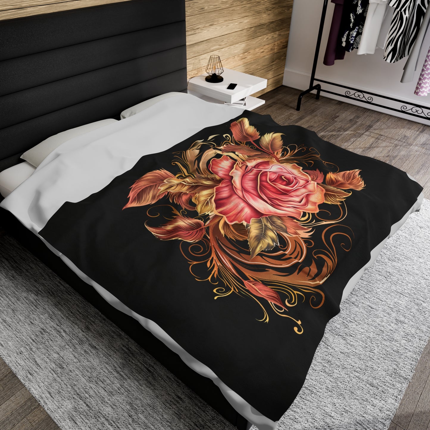 Black Velveteen Plush Blanket with beautiful pink rose surrounded by swirling leaves