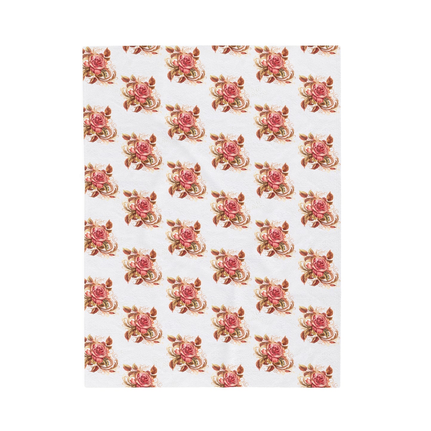 Velveteen Plush Blanket with beautiful grid design of pink roses surrounded by swirling leaves