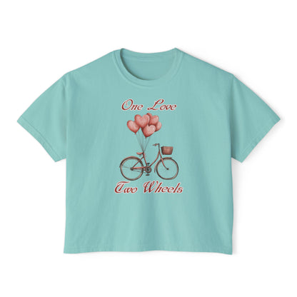 Vintage Bike Boxy Tee - Valentine's Day Women's Boxy Tee with Heart Balloons Graphic