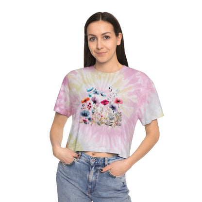 Beautiful Watercolor Floral Tie-Dye Crop Tee - T-Shirt for Women
