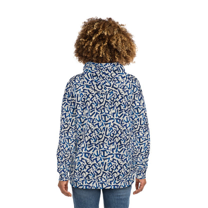 Fashion Hoodie for Men and Women - Blue Iconography-Style Lettering Design Hoodie