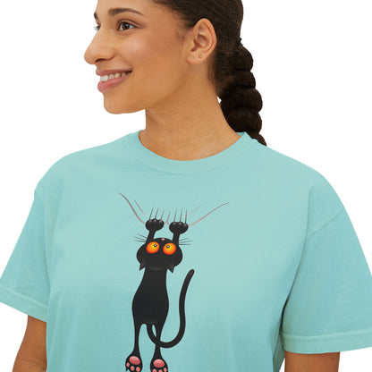 Cute Cat Graphic Women's Boxy Tee, Casual Tee for Cat Lovers, Birthday Gift, Soft Cotton Top, Fun Everyday Wear