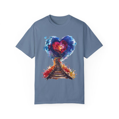 Unisex Garment-Dyed T-shirt - Journey of Heart - Train Tracks Coming out from Heart