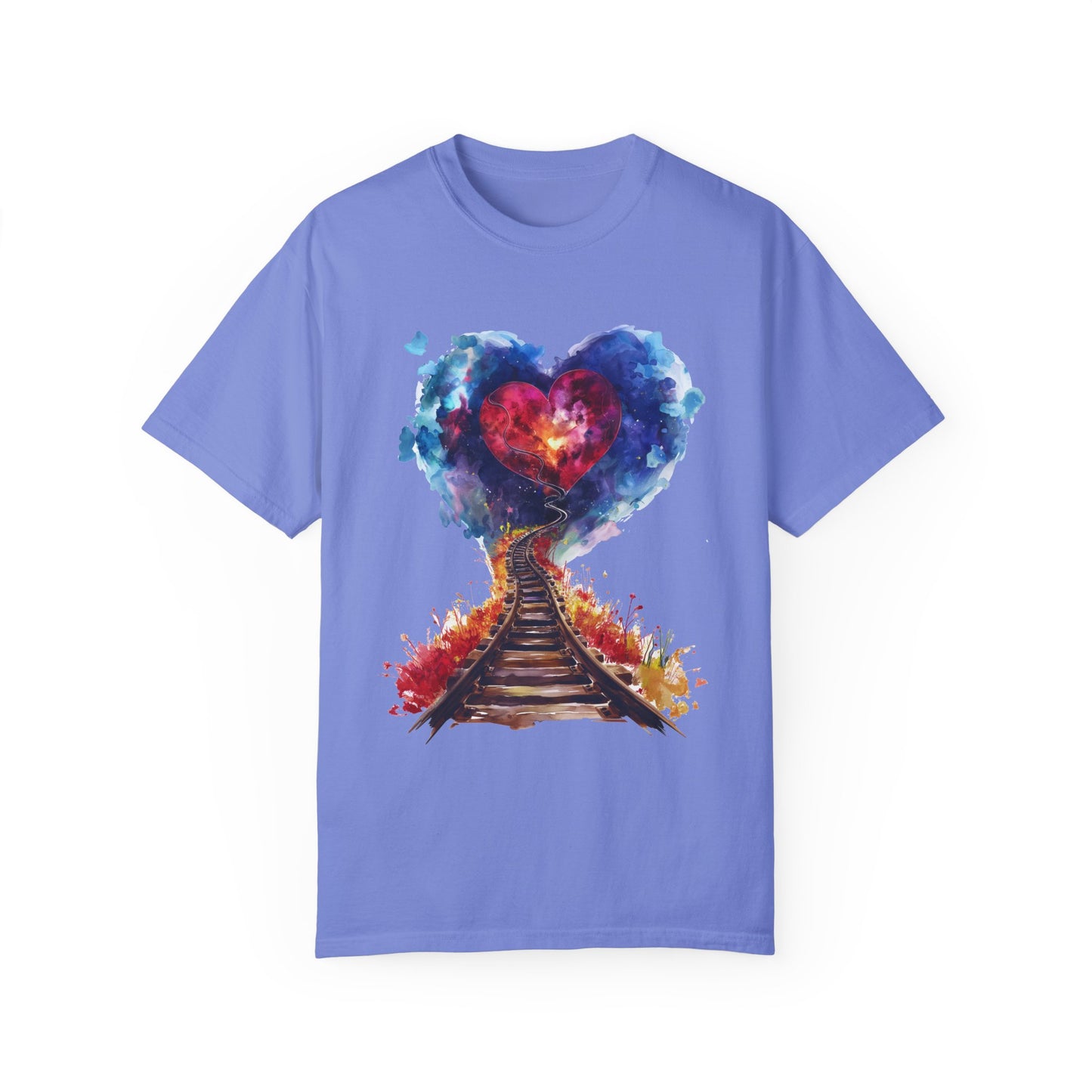 Unisex Garment-Dyed T-shirt - Journey of Heart - Train Tracks Coming out from Heart