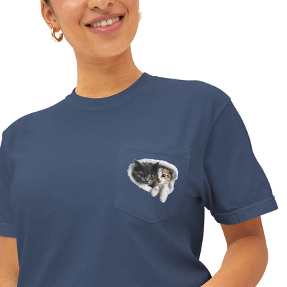 Garment-Dyed Pocket T-Shirt with Adorable Cat Design, Casual Wear, Gift for Cat Lovers, Summer Fashion, Everyday Essentials