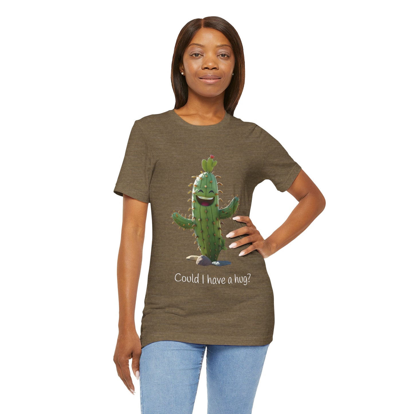 Dark Smiling Cactus Plant T-shirt -  'Could I Have a Hug?' - Lightweight Fabric Tee