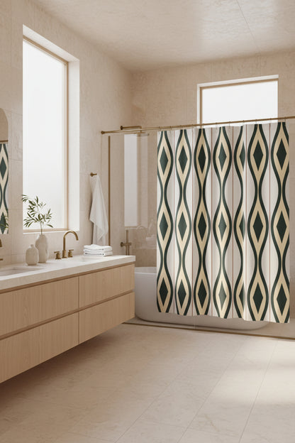 A shower curtain featuring a repeating vertical geometric pattern of dark green and beige diamonds on a light cream background, shown hanging from silver hooks against a white studio background.