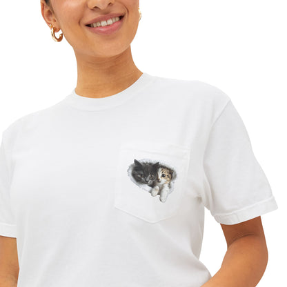 Garment-Dyed Pocket T-Shirt with Adorable Cat Design, Casual Wear, Gift for Cat Lovers, Summer Fashion, Everyday Essentials