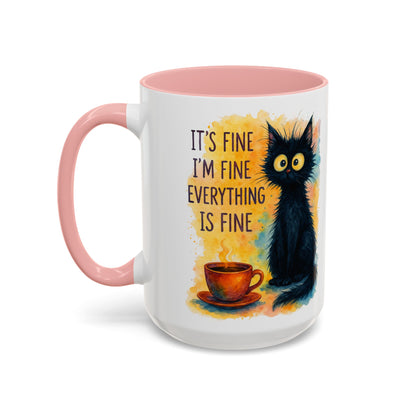 Whimsical Cat Accent Coffee Mug - 'It's Fine, I'm Fine, Everything is Fine'