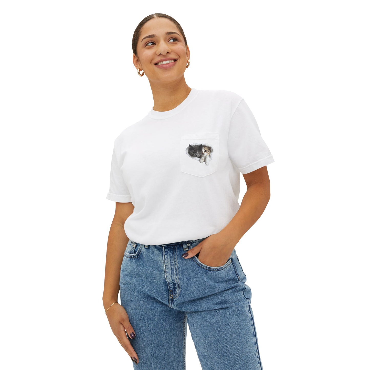 Garment-Dyed Pocket T-Shirt with Adorable Cat Design, Casual Wear, Gift for Cat Lovers, Summer Fashion, Everyday Essentials
