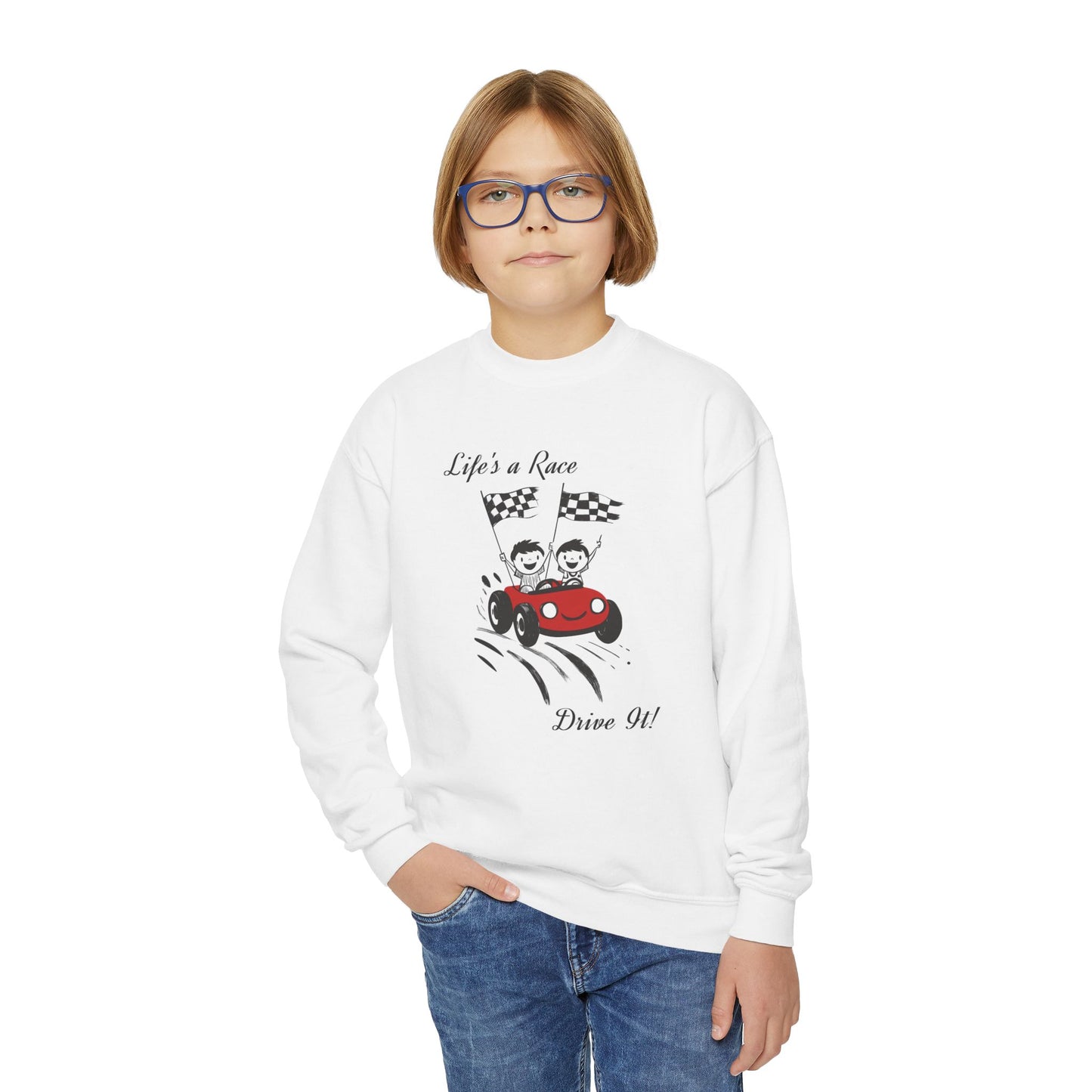 Youth Crewneck Sweatshirt -  Race car-themed Design Sweatshirt
