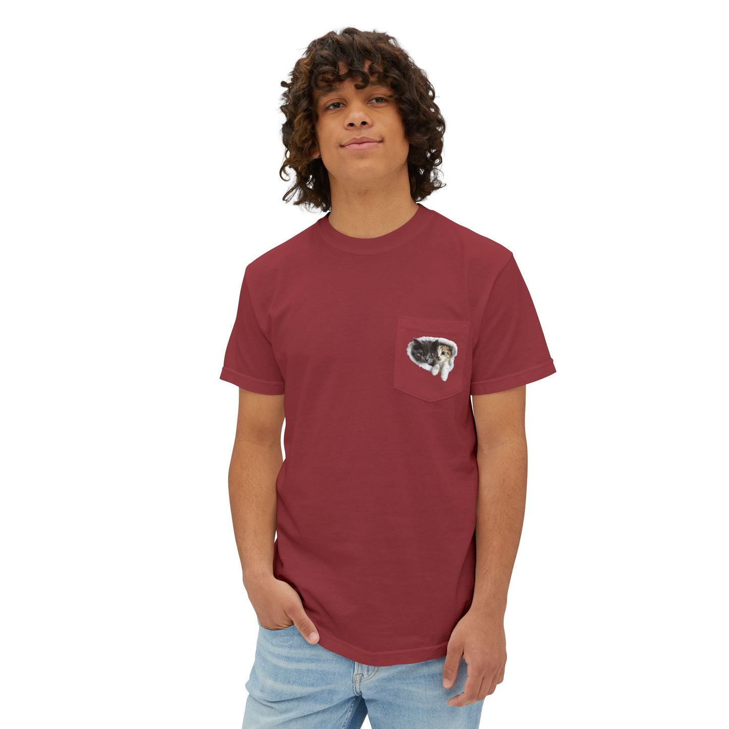 Garment-Dyed Pocket T-Shirt with Adorable Cat Design, Casual Wear, Gift for Cat Lovers, Summer Fashion, Everyday Essentials