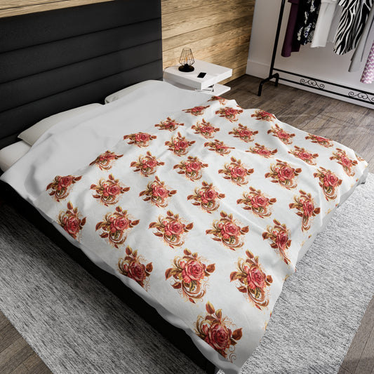Velveteen Plush Blanket with beautiful grid design of pink roses surrounded by swirling leaves