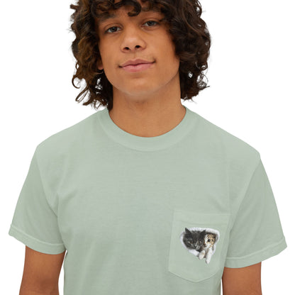 Garment-Dyed Pocket T-Shirt with Adorable Cat Design, Casual Wear, Gift for Cat Lovers, Summer Fashion, Everyday Essentials