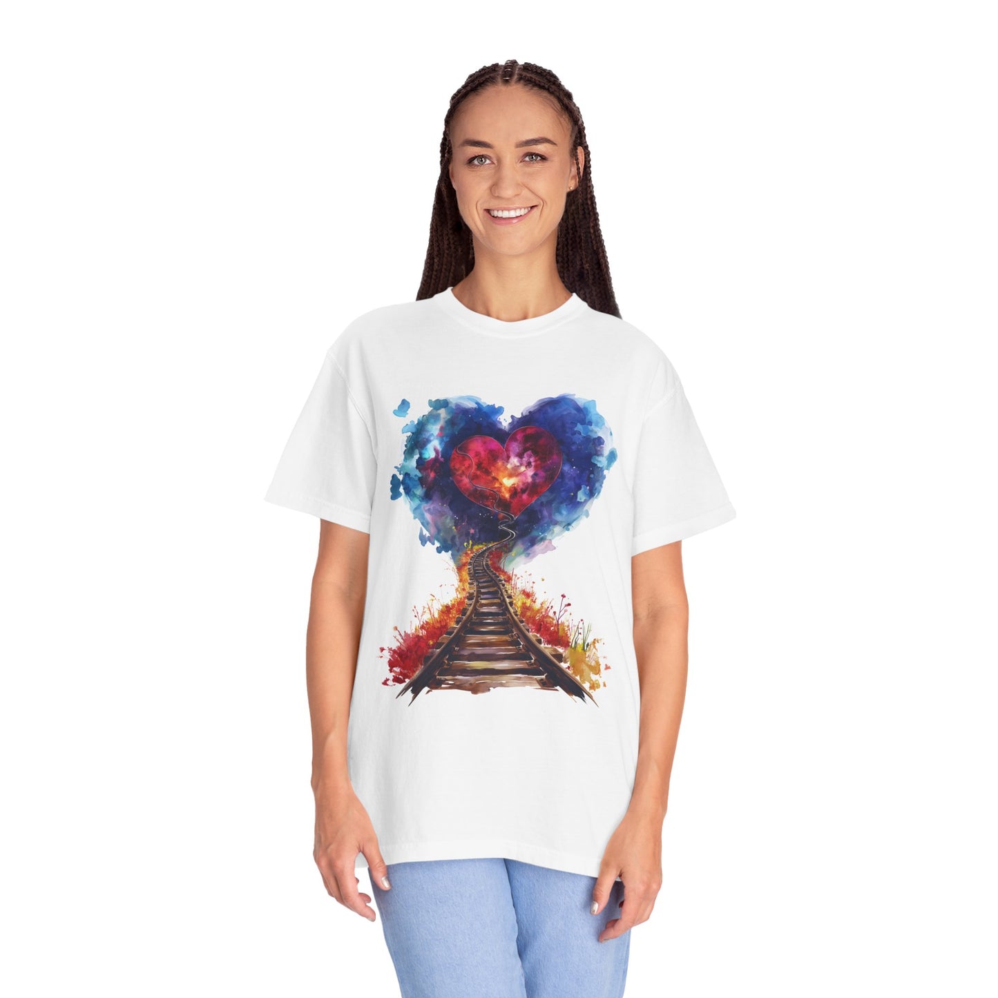 Unisex Garment-Dyed T-shirt - Journey of Heart - Train Tracks Coming out from Heart