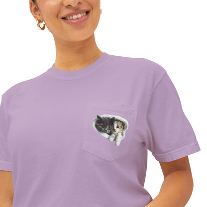 Garment-Dyed Pocket T-Shirt with Adorable Cat Design, Casual Wear, Gift for Cat Lovers, Summer Fashion, Everyday Essentials