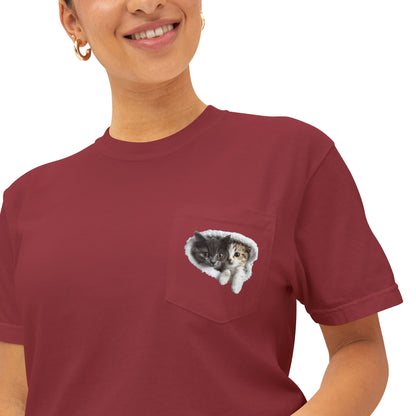 Garment-Dyed Pocket T-Shirt with Adorable Cat Design, Casual Wear, Gift for Cat Lovers, Summer Fashion, Everyday Essentials