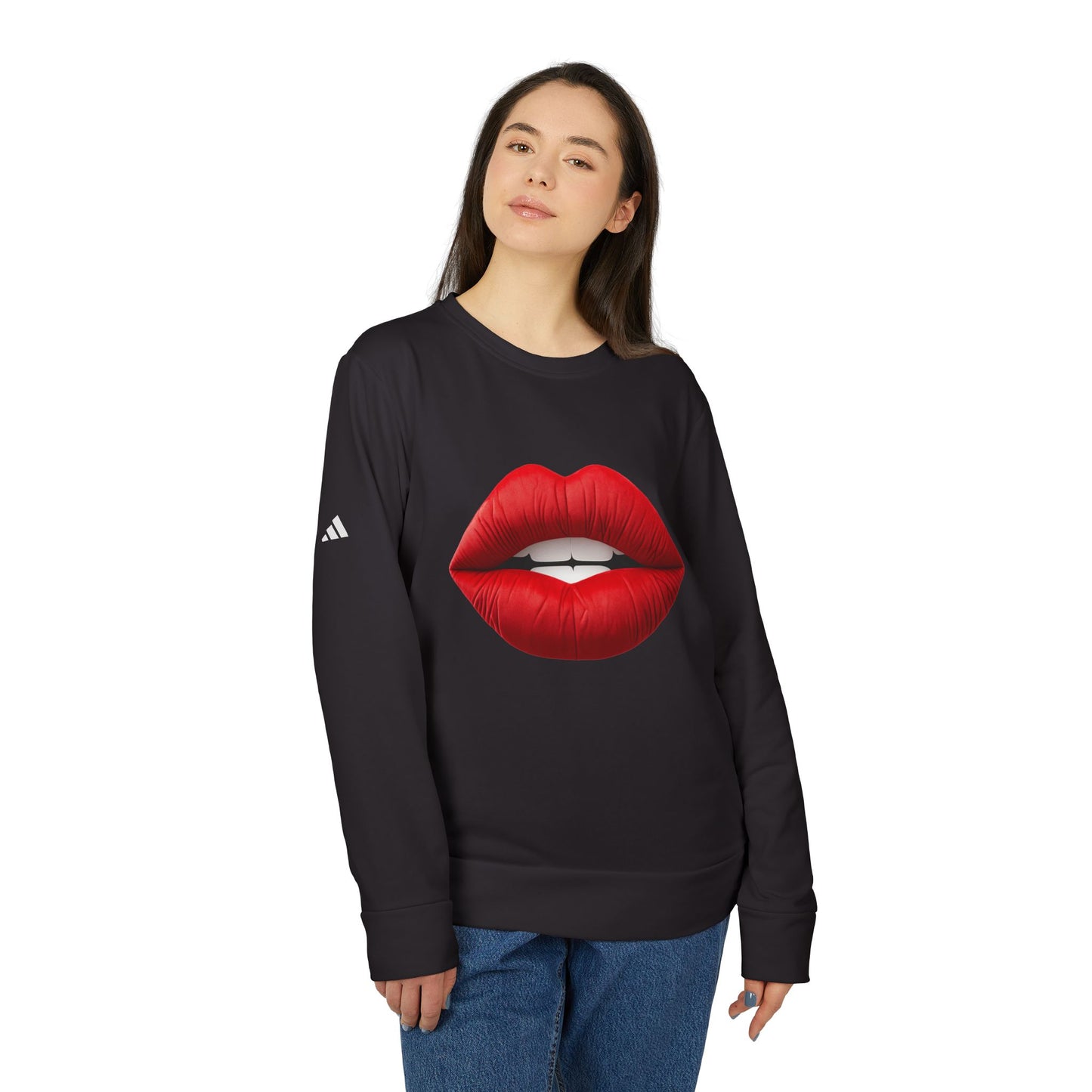 Adidas Women's Fleece Crewneck Sweatshirt with Red lips-shaped design