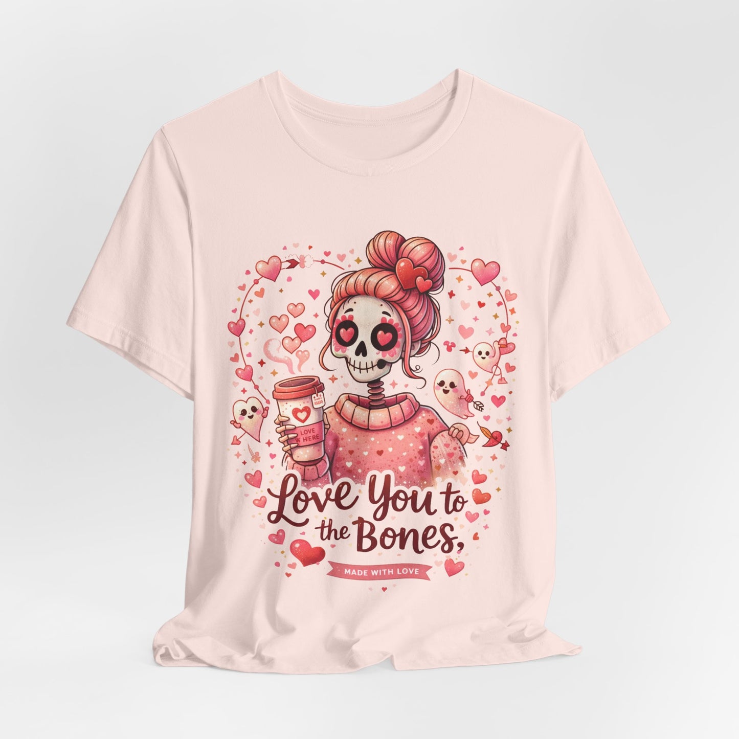 Romantic spooky Valentine graphic in pink featuring a skull girl with heart eyes, coffee theme elements, and floating cupid ghost characters