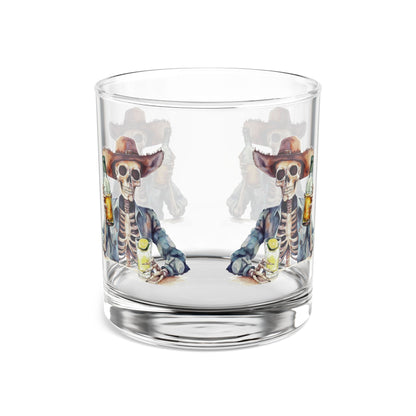 Clear glass tumbler with skeleton cowboy design