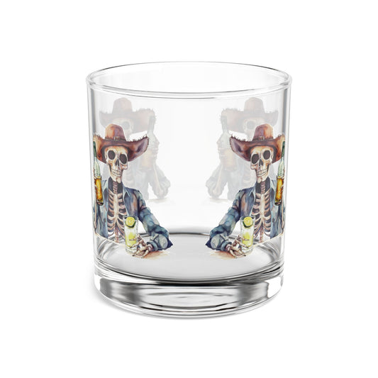 Clear glass tumbler with skeleton cowboy design