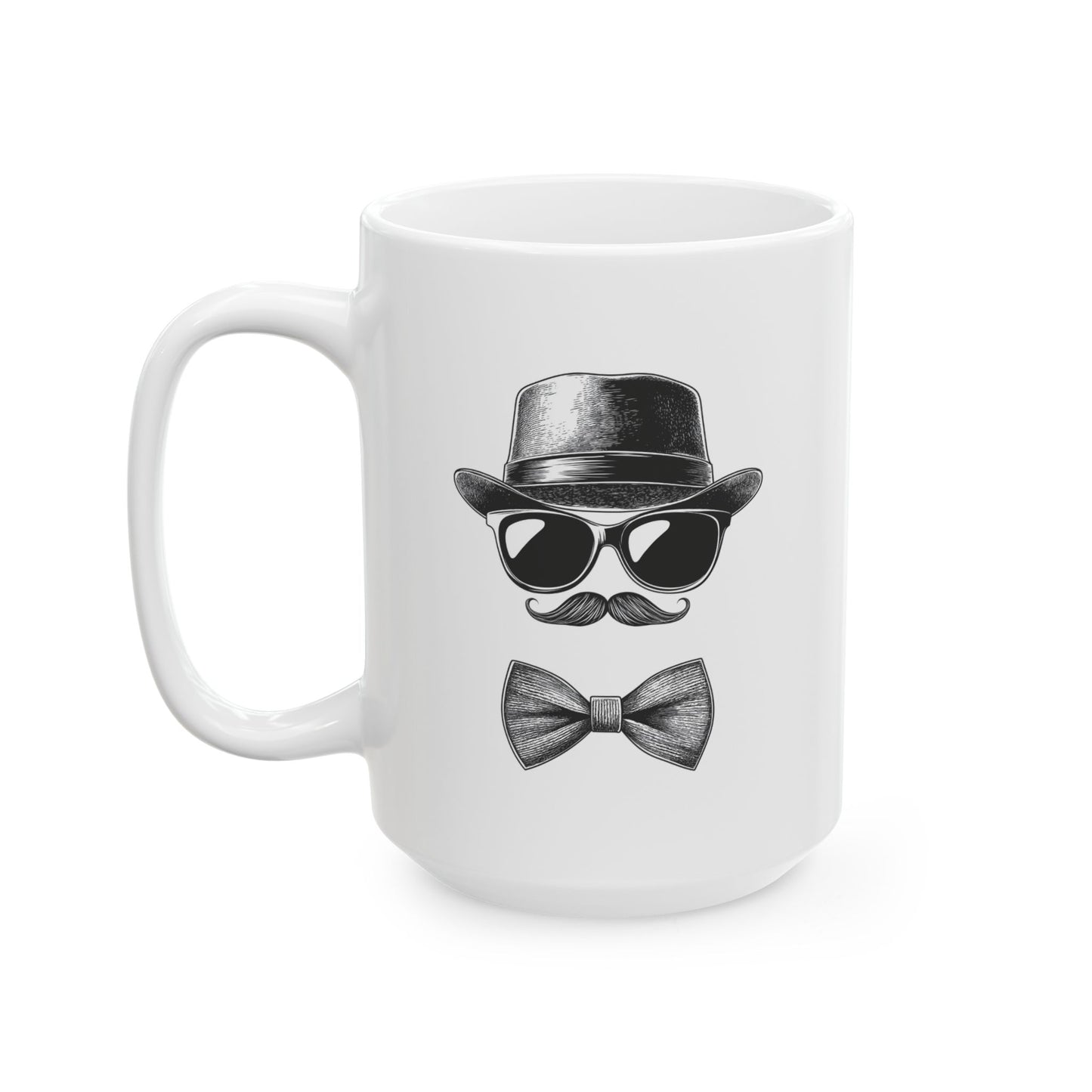 Gentleman Ceramic Mug, (11oz, 15oz) - Ceramic Mug with Black Vector Design - Sunglasses, Mustache & Bow Tie