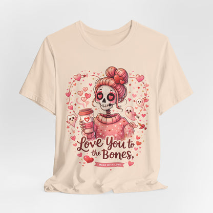 Alternative Valentine design with a cute skull girl, heart eyes, coffee cup illustration, and ‘Love you to the bones’ text in pink style
