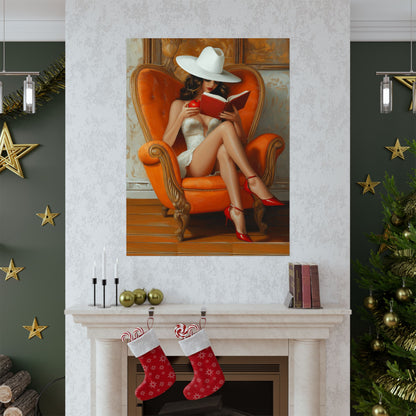 Matte Vertical Poster - Elegant Woman Reading Book and Holding Red Apple on Luxurious Sofa Design Poster