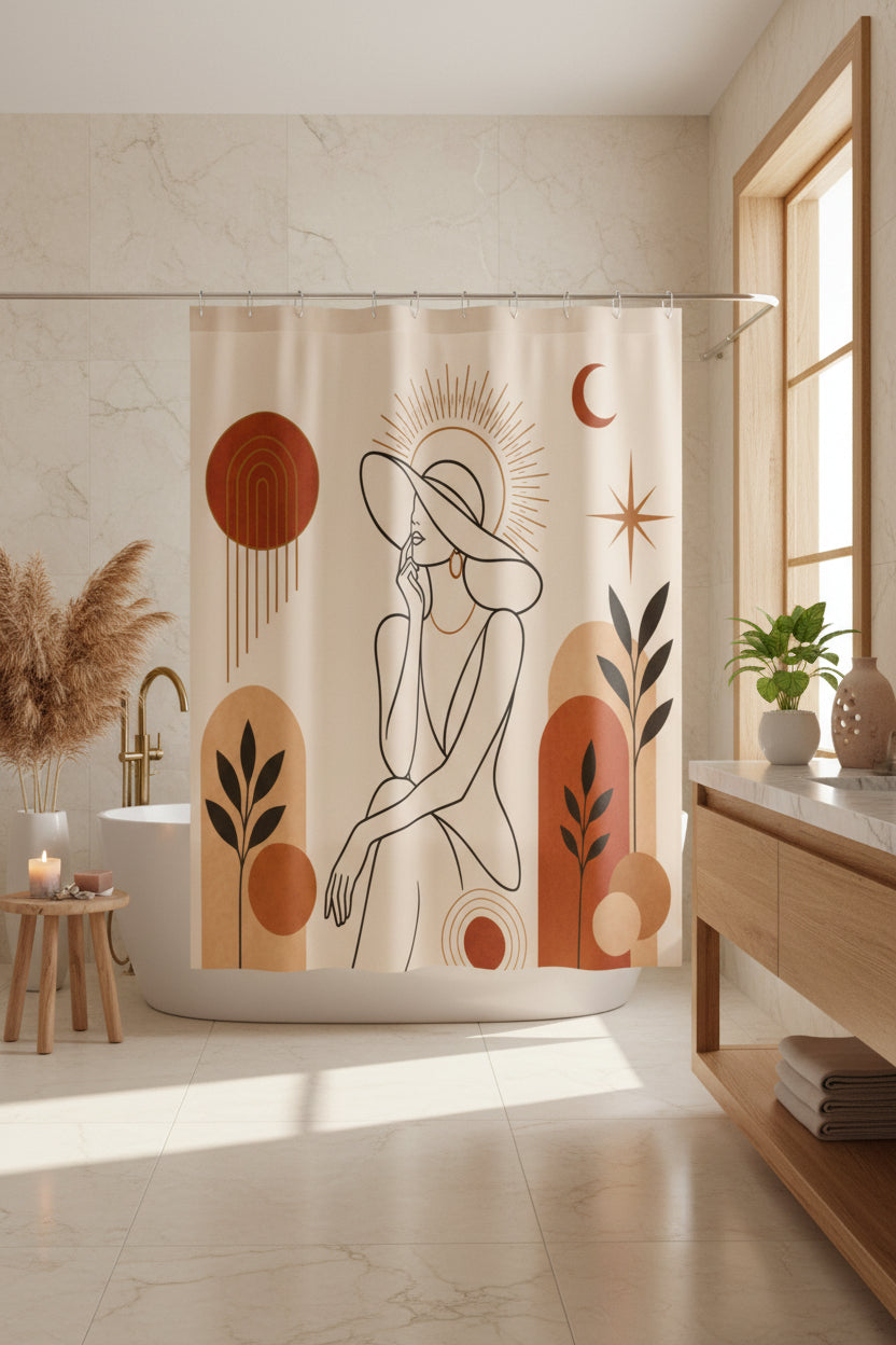 Shower curtain with abstract design featuring a woman, sun, moon, and plants on a beige background.