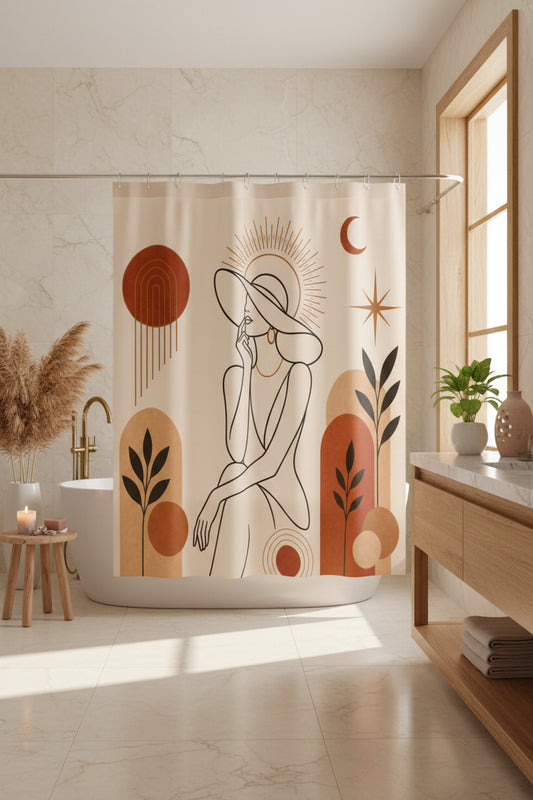 Shower curtain with abstract design featuring a woman, sun, moon, and plants on a beige background.