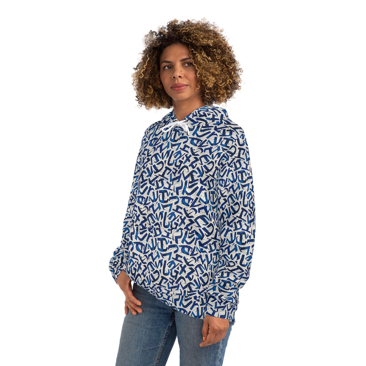 Fashion Hoodie for Men and Women - Blue Iconography-Style Lettering Design Hoodie