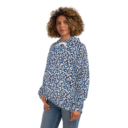 Fashion Hoodie for Men and Women - Blue Iconography-Style Lettering Design Hoodie