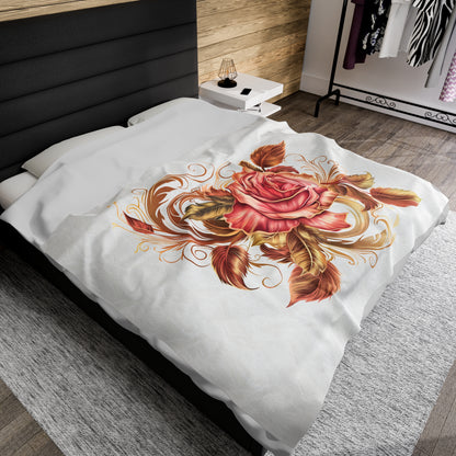 White Velveteen Plush Blanket with beautiful pink rose surrounded by swirling leaves