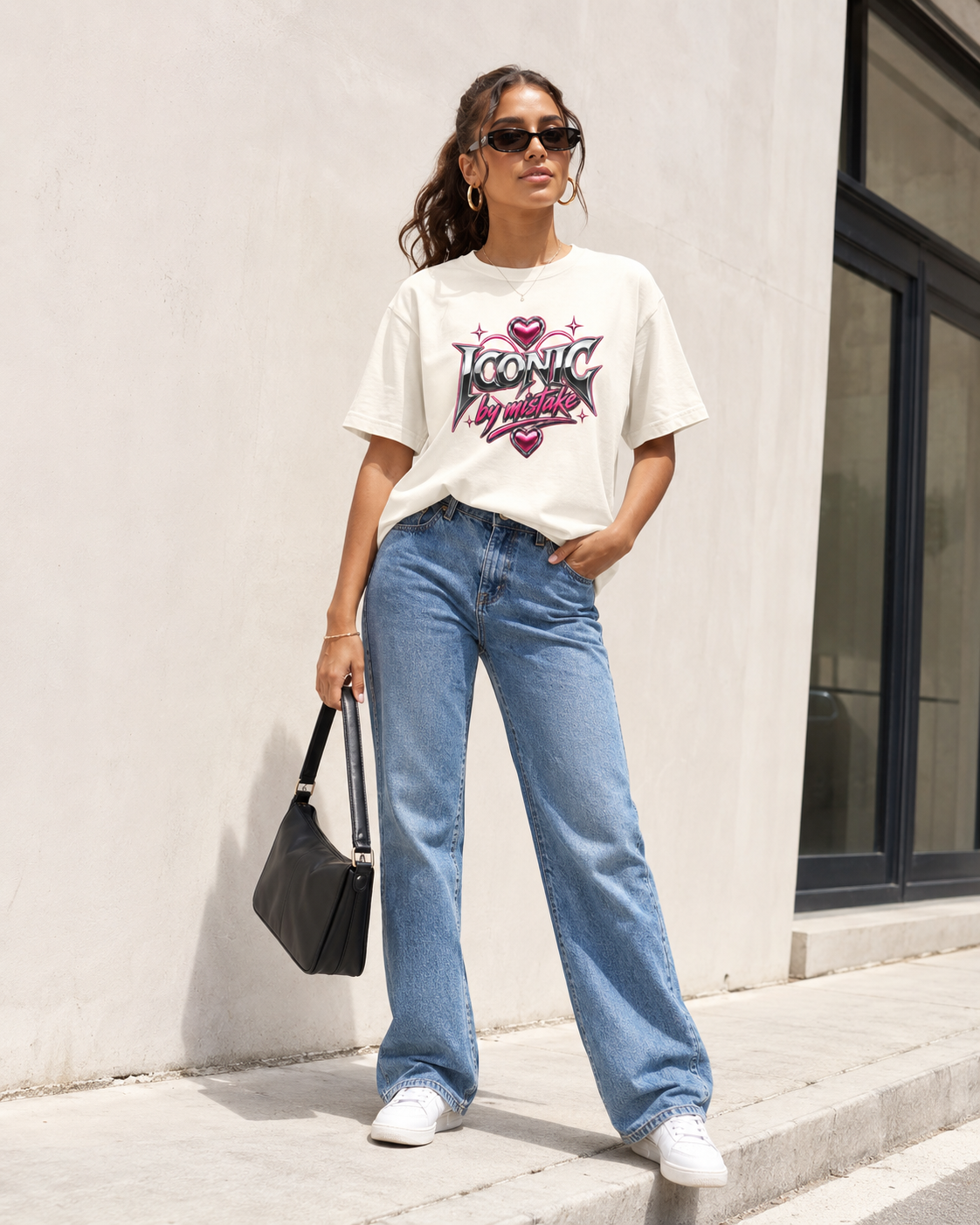 Woman wearing a white t-shirt with graphic design and text "iconic by Mistake"