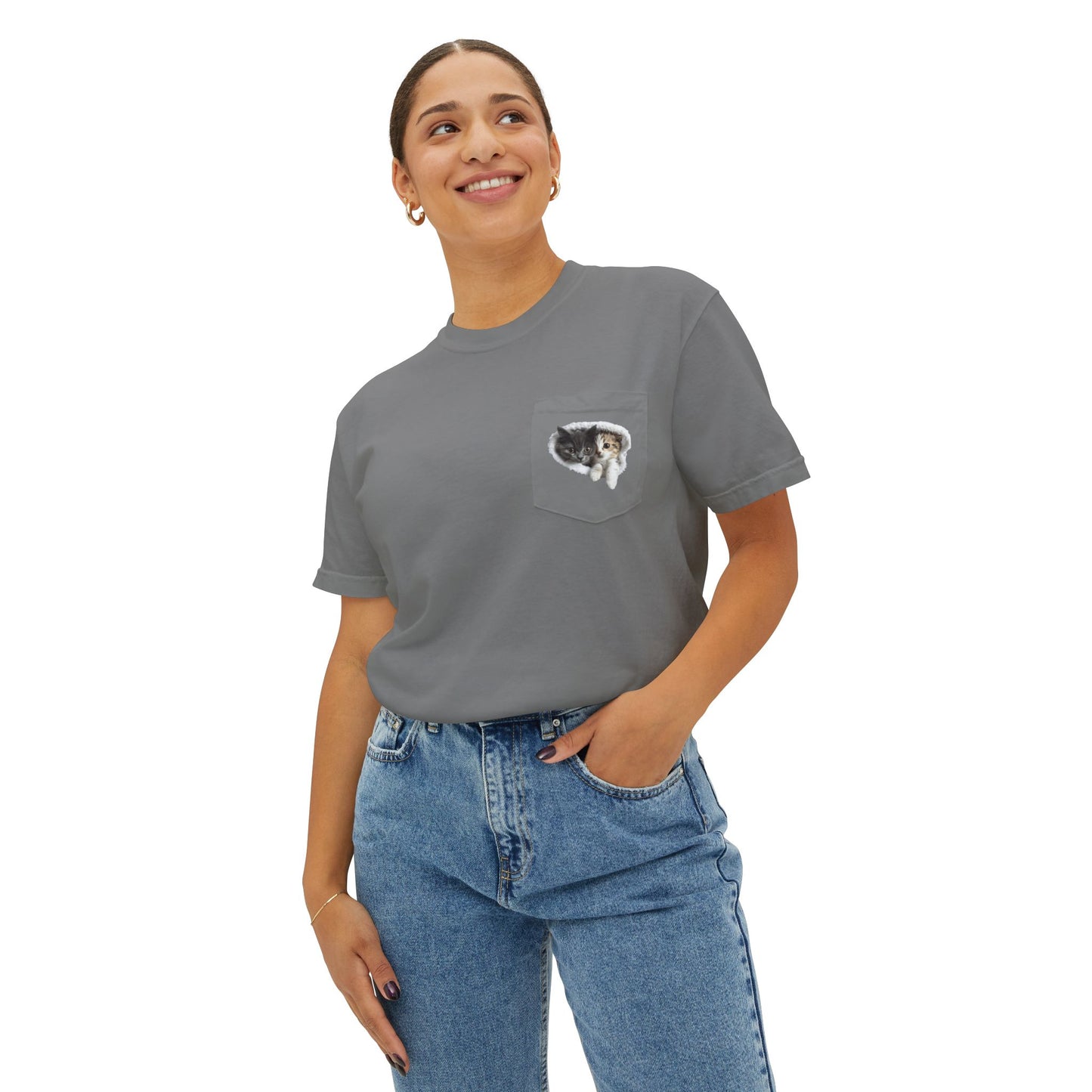 Garment-Dyed Pocket T-Shirt with Adorable Cat Design, Casual Wear, Gift for Cat Lovers, Summer Fashion, Everyday Essentials