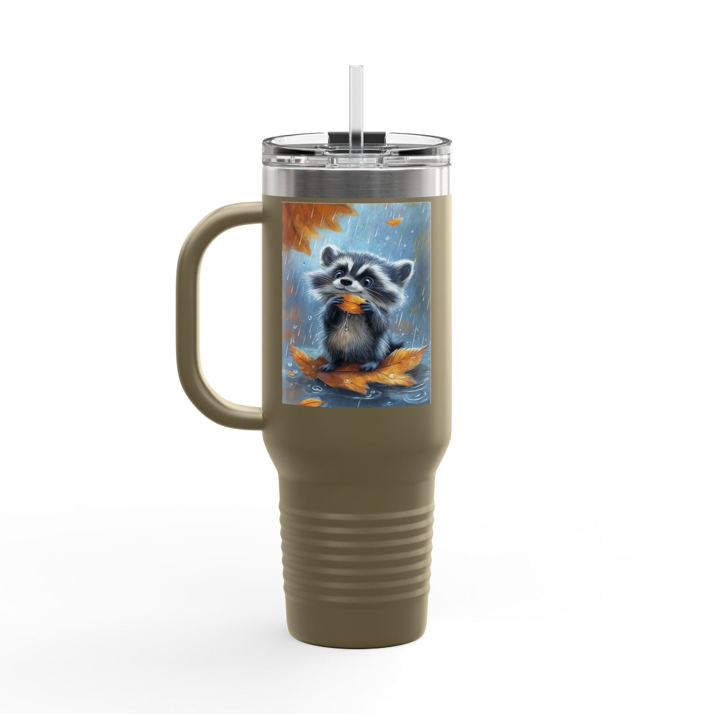 Insulated Travel Mug, 40oz - Rainy Day Raccoon Insulated Mug - Vibrant 3D Watercolor Raccoon Design Travel Mug