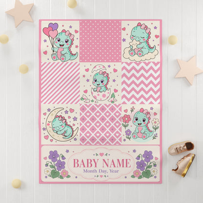 Personalized Dinosaur Baby Blanket Name Date Birth Flower