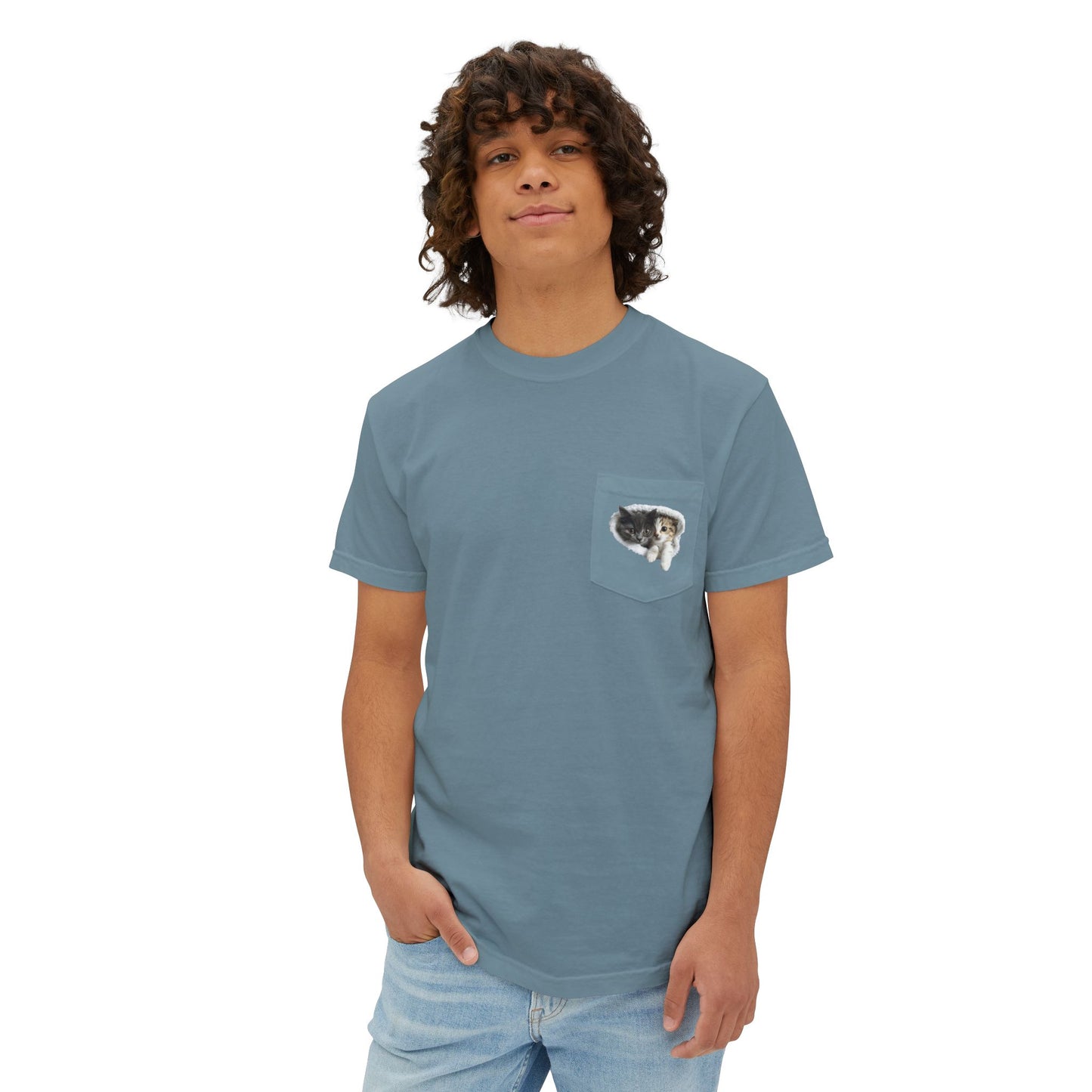 Garment-Dyed Pocket T-Shirt with Adorable Cat Design, Casual Wear, Gift for Cat Lovers, Summer Fashion, Everyday Essentials
