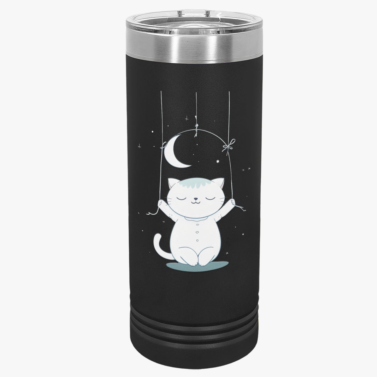 Moonlight Meow Skinny Tumbler, 22oz - Cute Cartoon Cat Hanging from Moon Design Tumbler