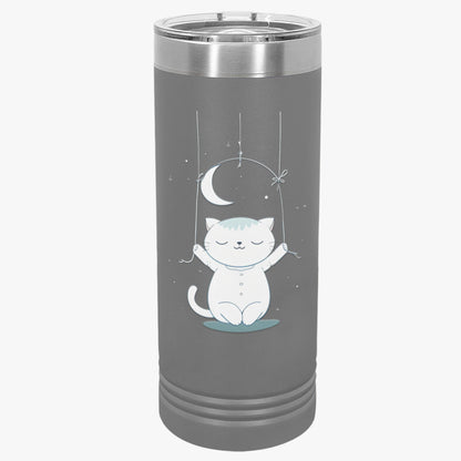 Moonlight Meow Skinny Tumbler, 22oz - Cute Cartoon Cat Hanging from Moon Design Tumbler
