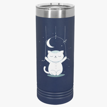 Moonlight Meow Skinny Tumbler, 22oz - Cute Cartoon Cat Hanging from Moon Design Tumbler